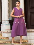 Anikrriti Women Purple Solid Cotton A-Line Dress with Embroidered Patch Pockets