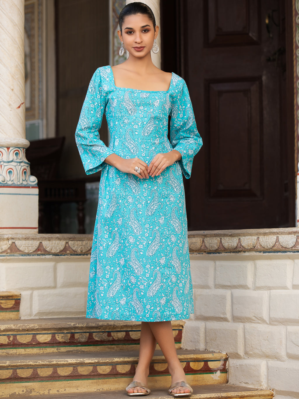 NARGIS-Women Turquoise Blue Paisley Printed Cotton Dress with Square Neck & Corset Back