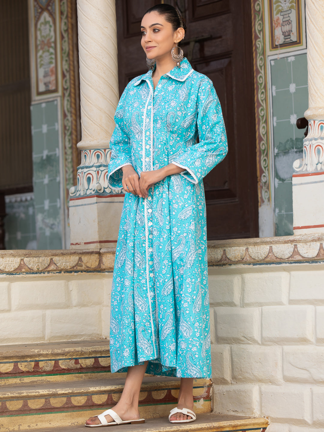 MALLIKA- Women Turquoise Blue Paisley Printed Long Sleeve Cotton Shirt Dress with Lace Trim & Side Pocket