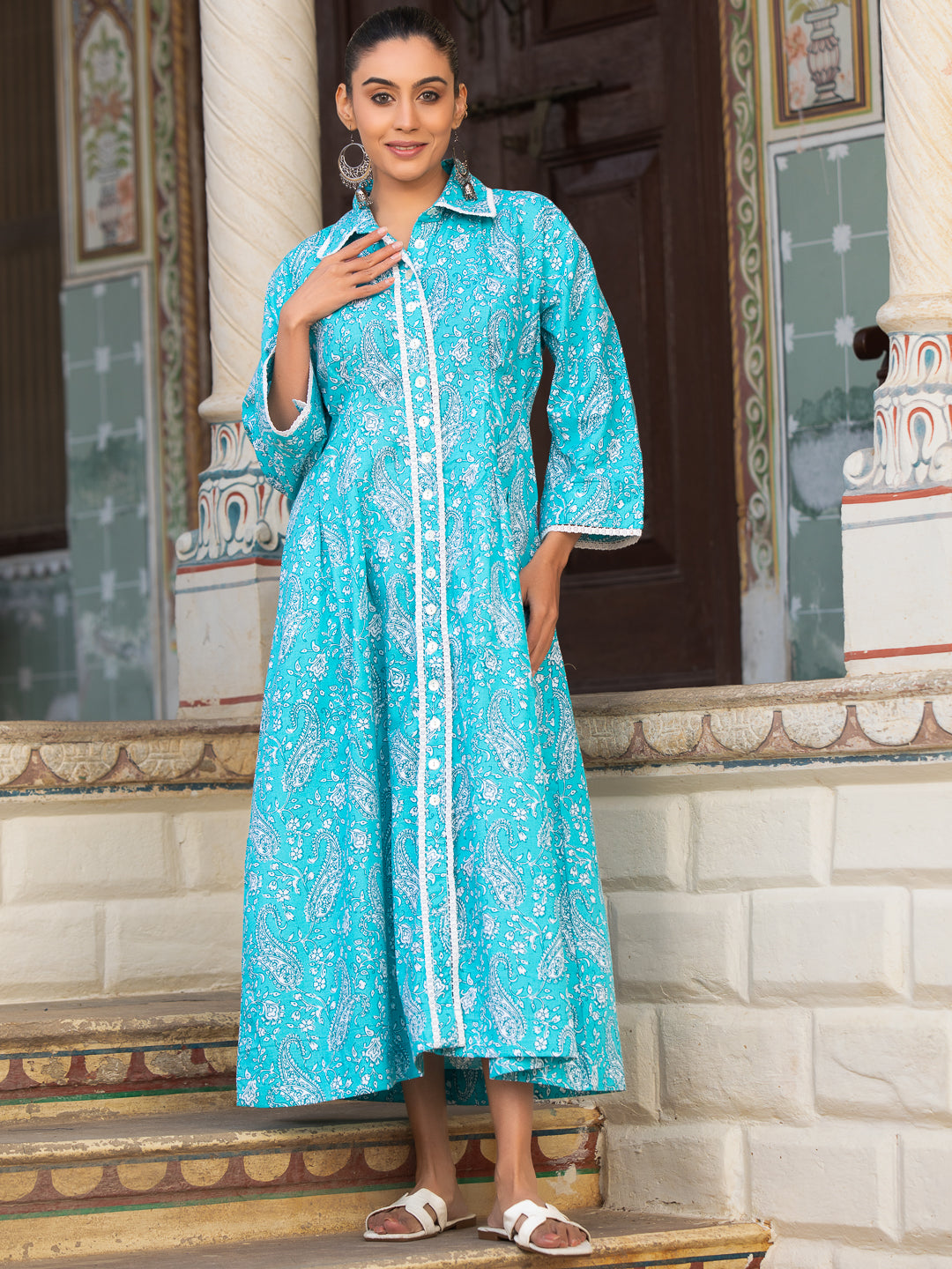 MALLIKA- Women Turquoise Blue Paisley Printed Long Sleeve Cotton Shirt Dress with Lace Trim & Side Pocket