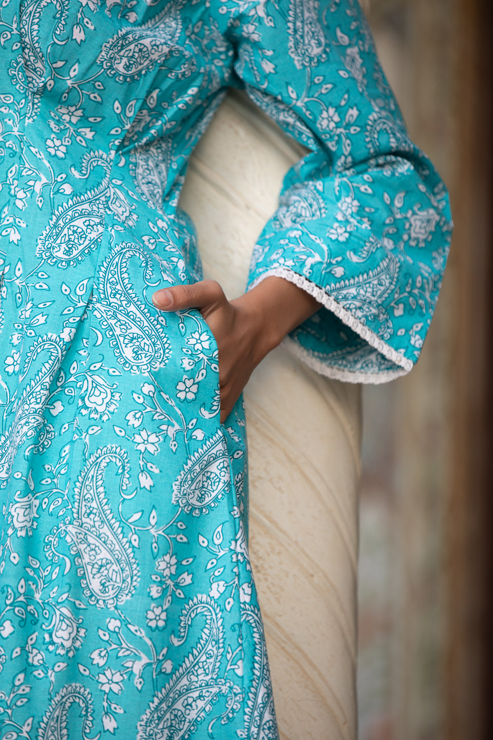 MALLIKA- Women Turquoise Blue Paisley Printed Long Sleeve Cotton Shirt Dress with Lace Trim & Side Pocket