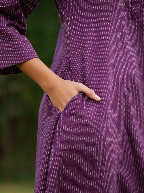 ASHOKA-Women Wine Purple Solid Cotton Longline Dress with Mandarin Collar & Side Pockets