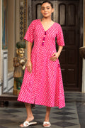 GULMOHAR-Women Pink Printed Cotton V-Neck Dress with Pintuck Detail & Side Pockets