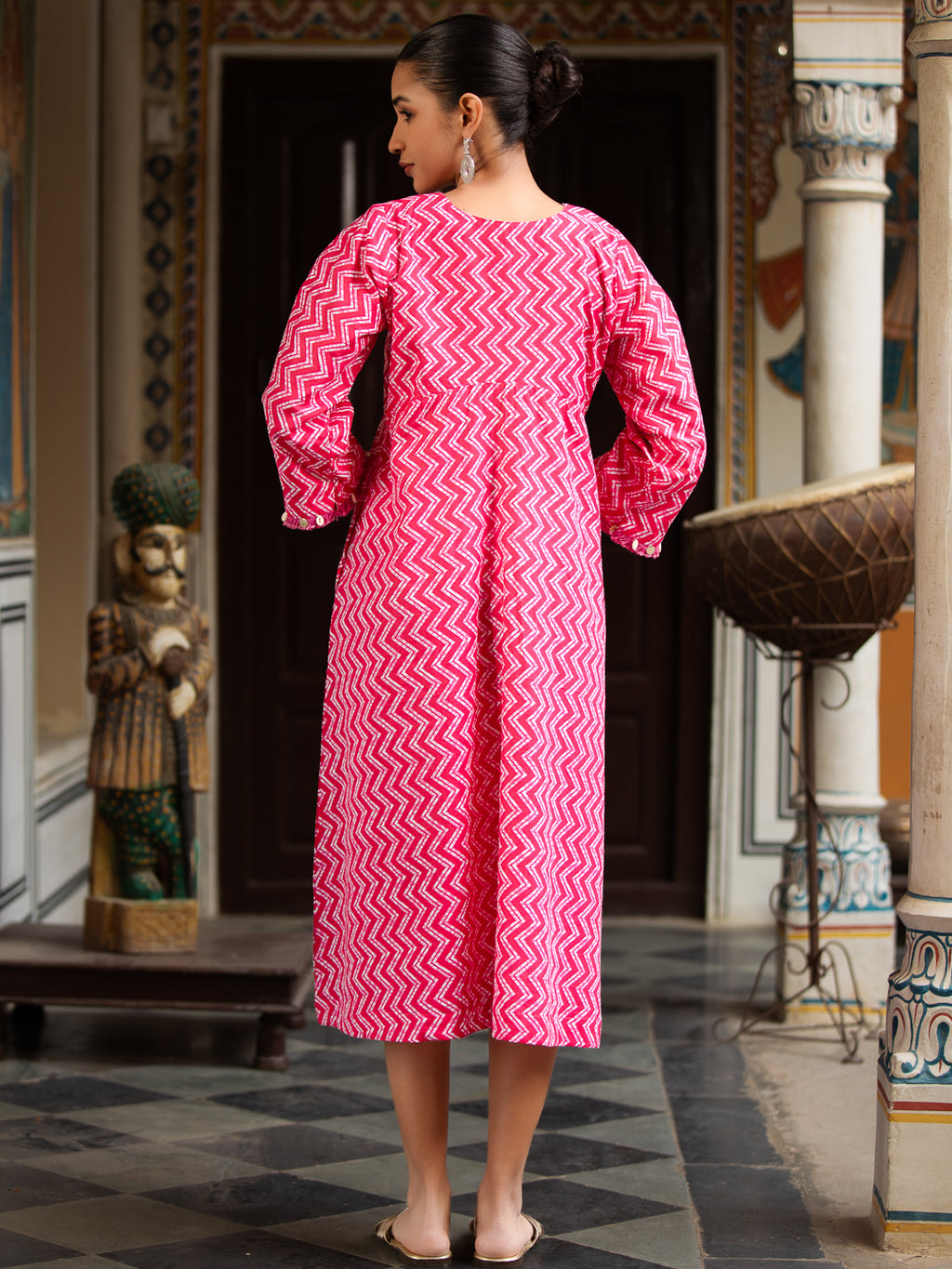 PALASH-Women Pink Printed Cotton Round-Neck Dress with Lace Detail & Side Pockets