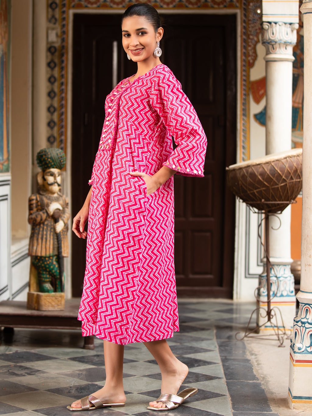 PALASH-Women Pink Printed Cotton Round-Neck Dress with Lace Detail & Side Pockets