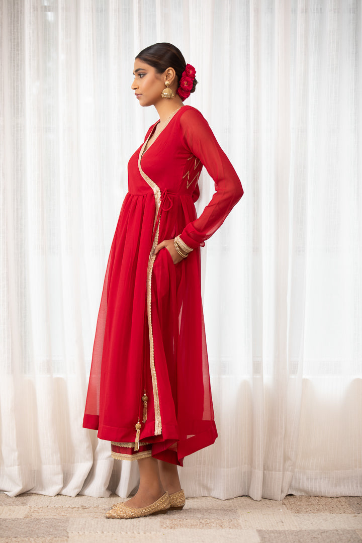 Raagini- Red Angrakha Anarkali Kurta Set with Dupatta