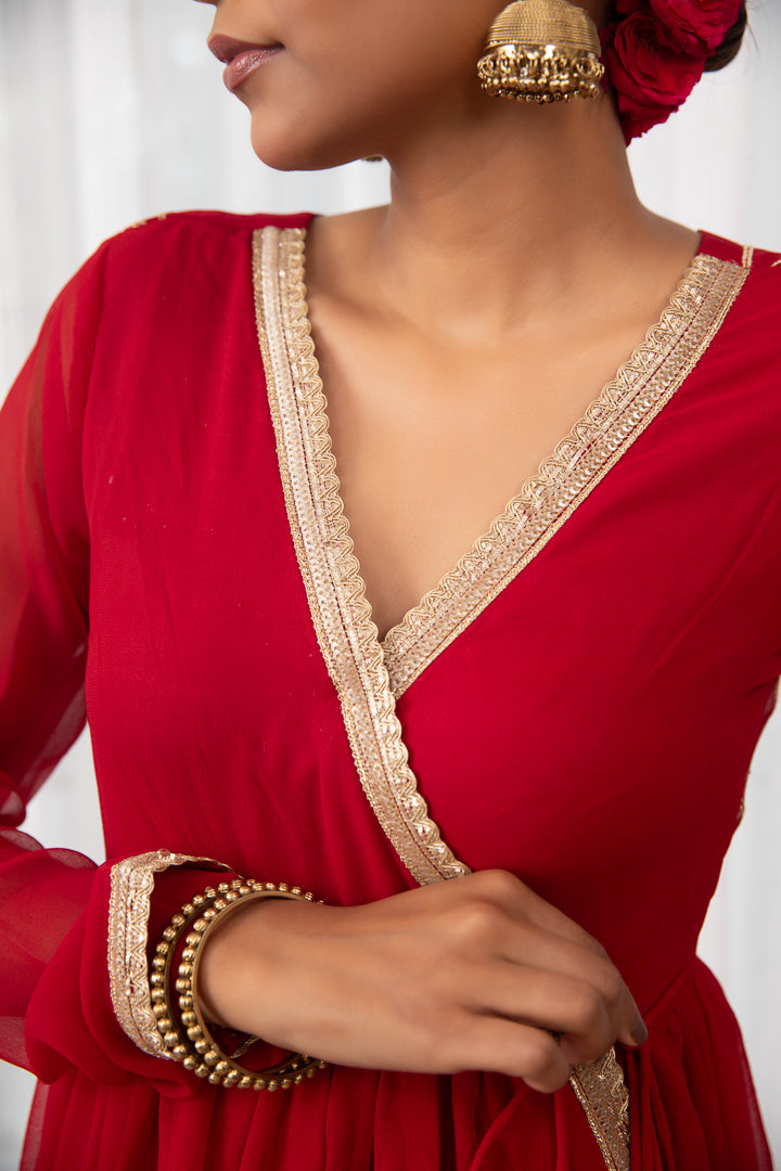 Raagini- Red Angrakha Anarkali Kurta Set with Dupatta