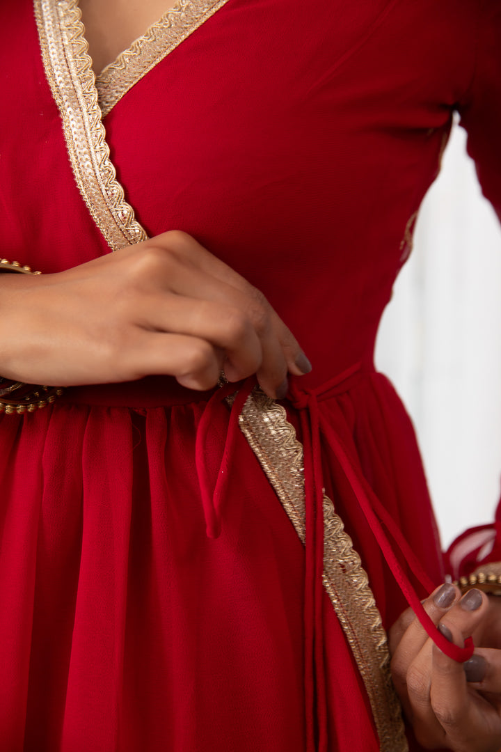 Raagini- Red Angrakha Anarkali Kurta Set with Dupatta