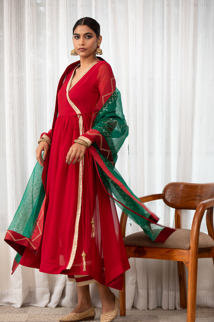 Raagini- Red Angrakha Anarkali Kurta Set with Dupatta