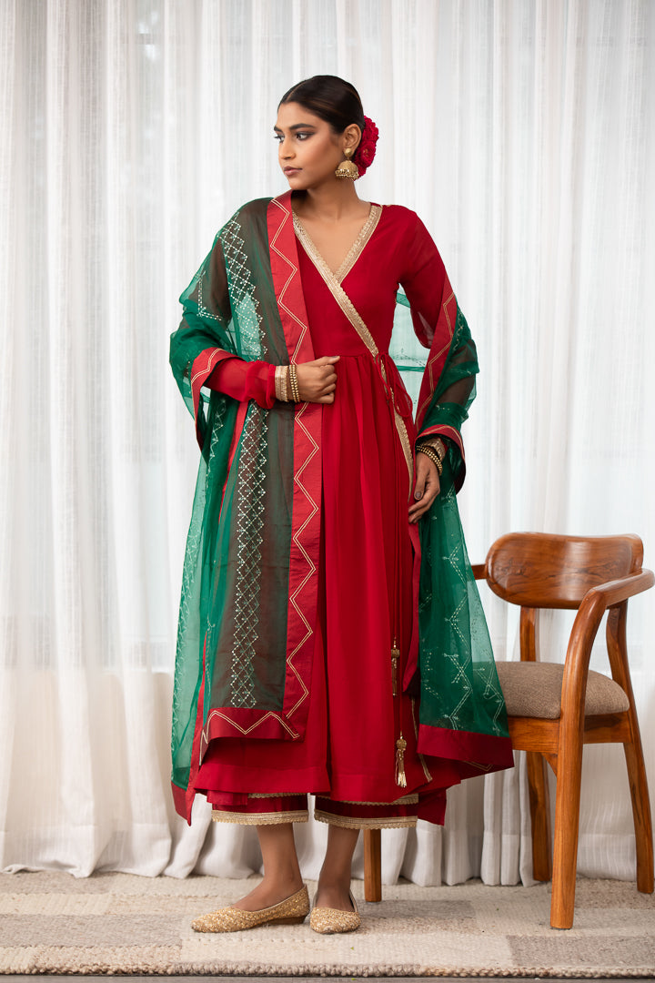 Raagini- Red Angrakha Anarkali Kurta Set with Dupatta