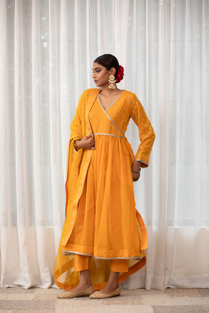 Ghoomar- Yellow Angrakha Anarkali Kurta Set with Dupatta