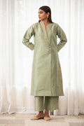 Leher- Angrakha Kurta Set with Lapel Collar Mint