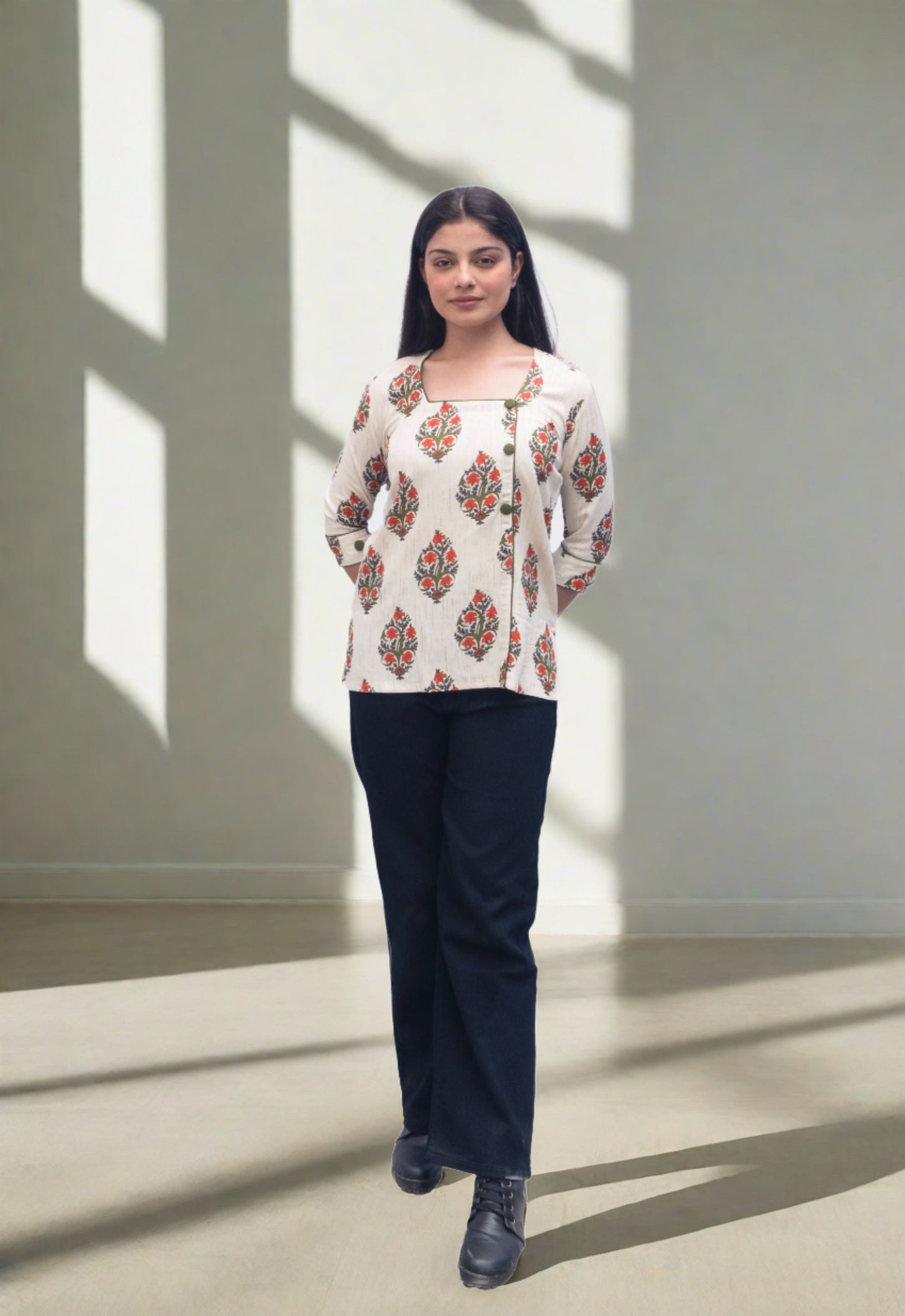 Cotton Square Neck Kurti with Contrast Piping by Anikkriti –